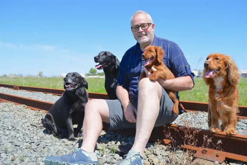 Hatch shared a cute photo of him with his puppies on the side enjoying the view 